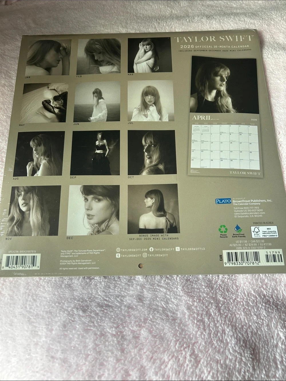 Taylor Swift Black & Gray Monochrome Photo Calendar Cover